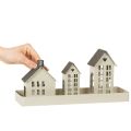 Lichthaus Set aus Metall mit 3 Häusern auf Tablett, Grau, 35 cm | Floristik21.de