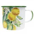 Floristik21 Pflanztasse aus Emaille, Deko-Tasse mit Zitronenzweig, Übertopf mediterran Ø9,5cm H10cm