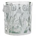 Windlicht mit Pusteblumen, Tischschmuck, Sommerdeko Shabby Chic Silbern, Weiß H10cm Ø8,5cm