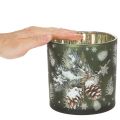 Windlicht Glas Grün mit Tannenzapfen und Schneeflockenmotiv 15cm | Floristik21.de