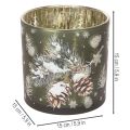 Windlicht Glas Grün mit Tannenzapfen und Schneeflockenmotiv 15cm | Floristik21.de