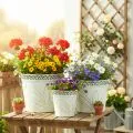 Blech-Kübel mit Prägung, Pflanzgefäß mit Henkeln Weiß, Grün Shabby Chic H22/19,5/17,5cm Ø25,5/20,5/15,5cm 3er-Set | Floristik21.de